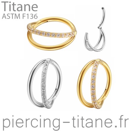Clicker titane double anneau côte à côte avec cristaux - AN0042