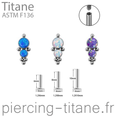 Labret titane interne 2 opales ornées de microbilles 3 couleurs