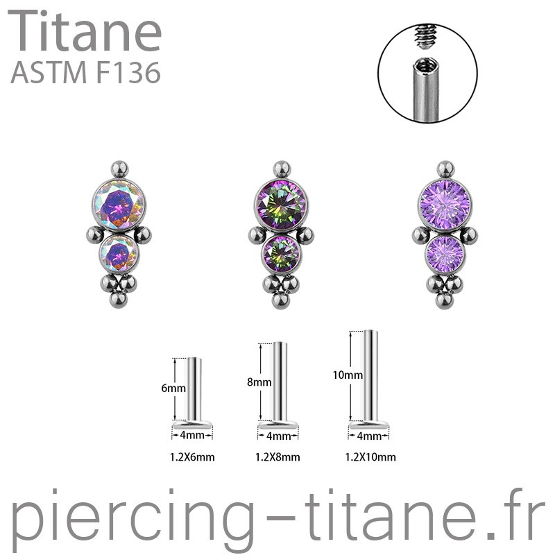 Labret titane interne 2 cristaux ornés de microbilles 3 couleurs