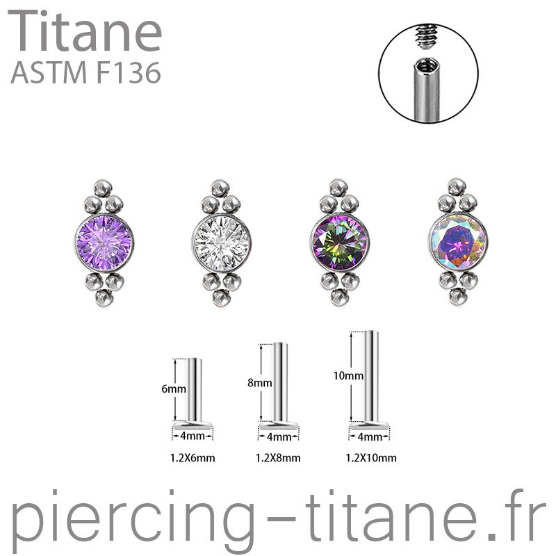 Labret titane interne cristal 4mm ornée de 6 microbilles