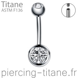 Piercing nombril titane interne avec 2 pierres blanches clos