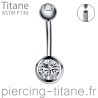 Piercing nombril titane interne avec 2 pierres blanches clos